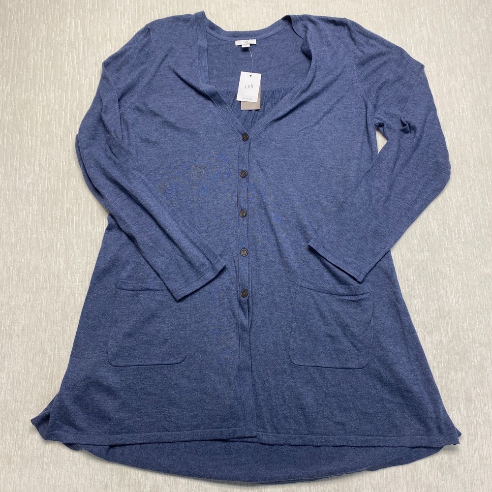 J. Jill Cardigan Sweater Womens Large Ink Blue Heather Knit Cotton Button Pocket